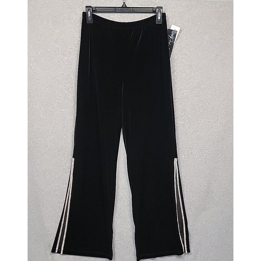 PRELUDE‎ Women M Black Velvet Embellished Slit Wide Leg Pants NWT SteinMart Chic